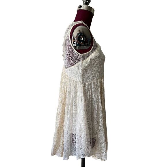 Free People Dont You Dare Lace Trim Mini Dress Boho Flare Beige Size Small - Picture 11 of 12
